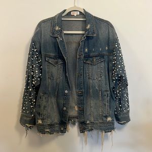 Denim jacket with pearl beading